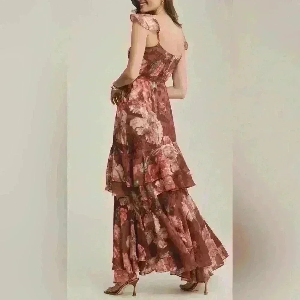 Anthropologie‎ Hutch $240 Senna Floral Tiered Maxi Wrap Dress Feminine Boho Red - Picture 2 of 12